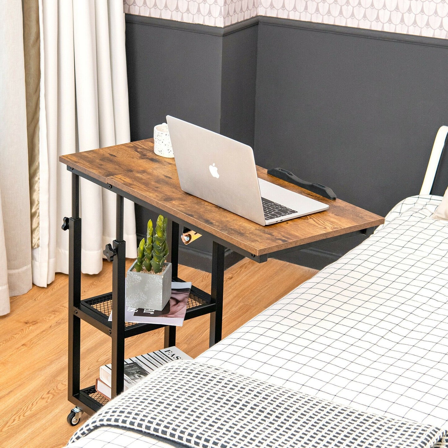 Adjustable C-Shaped Bedside Table with Wheels-Natural