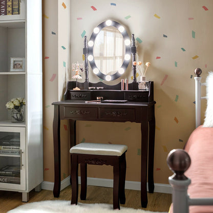Makeup Dressing Table with Touch Switch Lighted Mirror and Cushioned Stool-Black