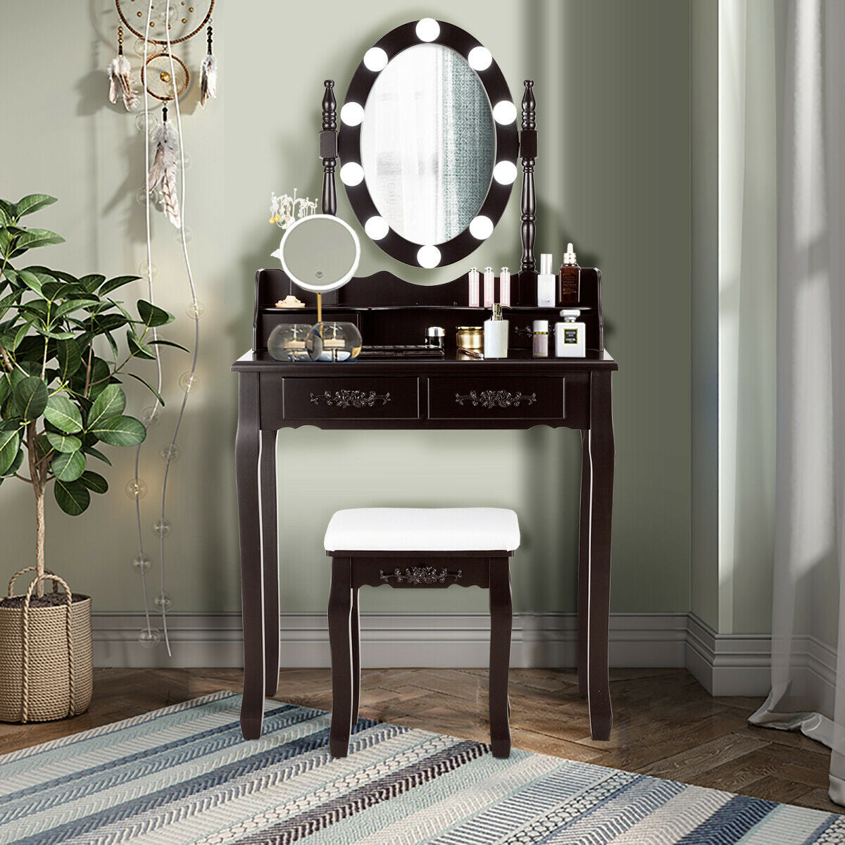 Makeup Dressing Table with Touch Switch Lighted Mirror and Cushioned Stool-Brown