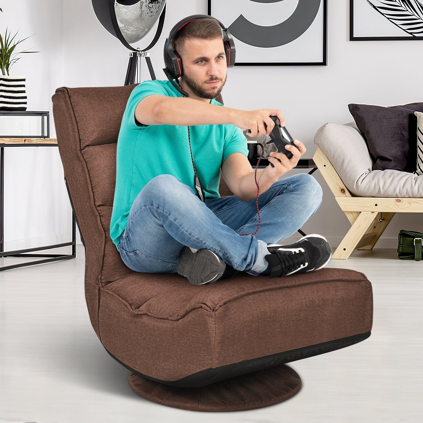 5-Position Folding Floor Gaming Chair-Black