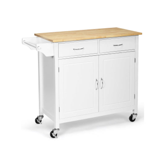 Modern Rolling Kitchen Cart Island with Wooden Top-White