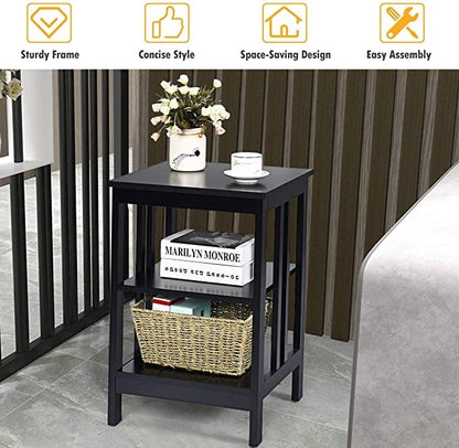 Set of 2 Multifunctional 3-Tier Nightstand Sofa Side Table with Reinforced Bars and Stable Structure-Black