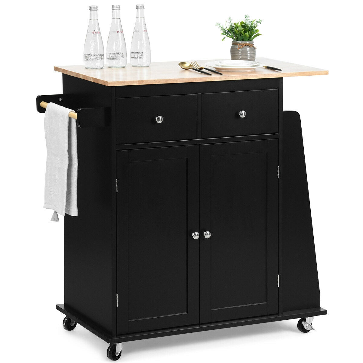 Rubber Wood Countertop Rolling Kitchen Island Cart-Black