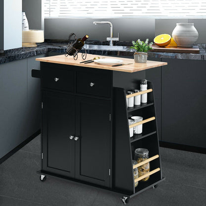 Rubber Wood Countertop Rolling Kitchen Island Cart-Black