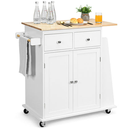 Rubber Wood Countertop Rolling Kitchen Island Cart-White