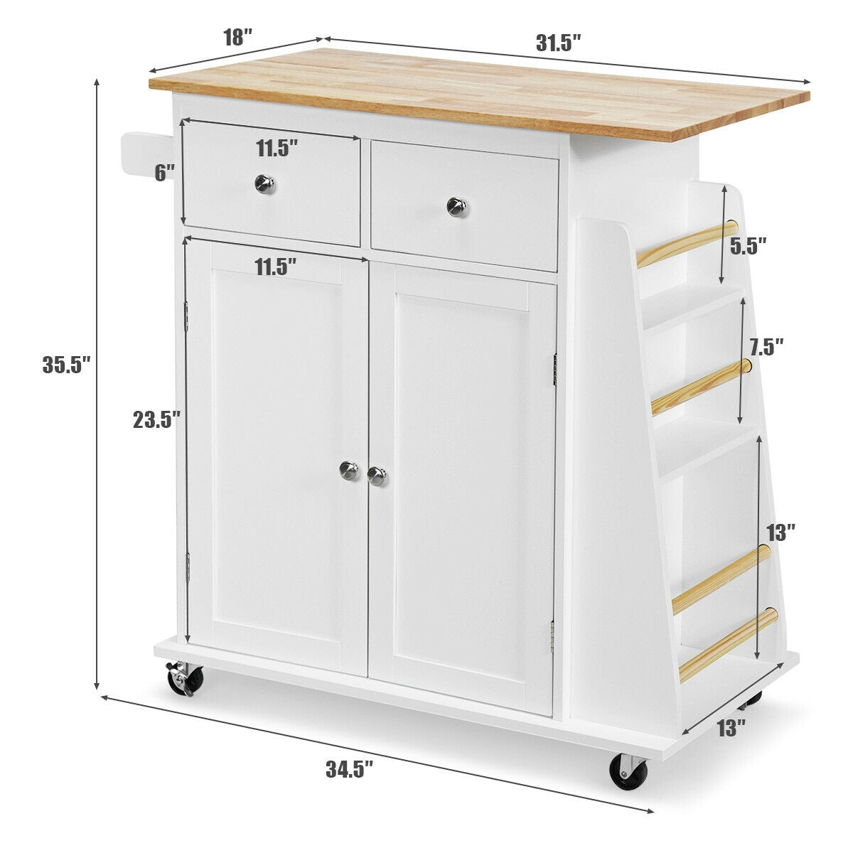 Rubber Wood Countertop Rolling Kitchen Island Cart-White