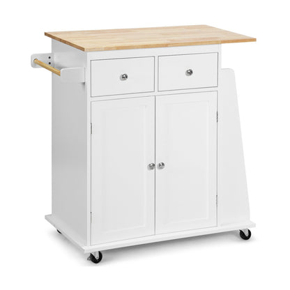 Rubber Wood Countertop Rolling Kitchen Island Cart-White