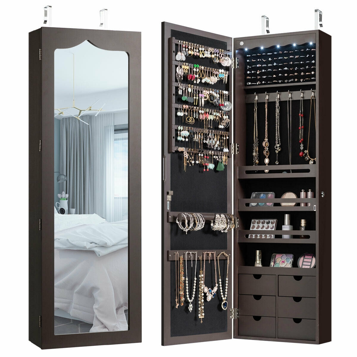 5 LEDs Lockable Mirror Jewelry Cabinet Armoire with 6 Drawers-Coffee