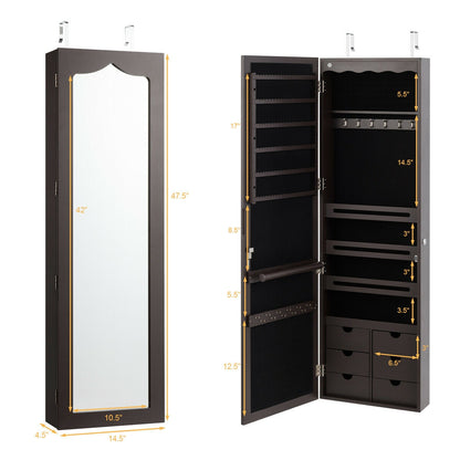 5 LEDs Lockable Mirror Jewelry Cabinet Armoire with 6 Drawers-Coffee