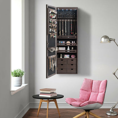 5 LEDs Lockable Mirror Jewelry Cabinet Armoire with 6 Drawers-Coffee