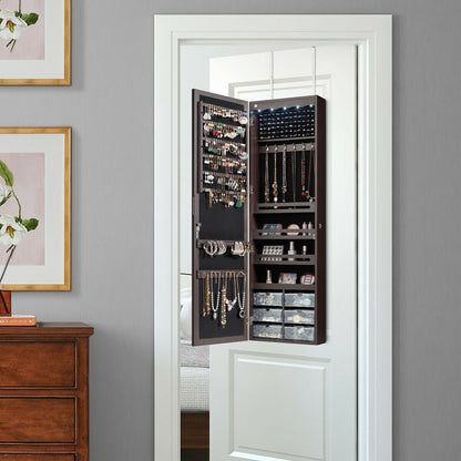 Door Hanging Mirror Jewelry Armoire with Full Length Mirror and 6 Drawers-Coffee