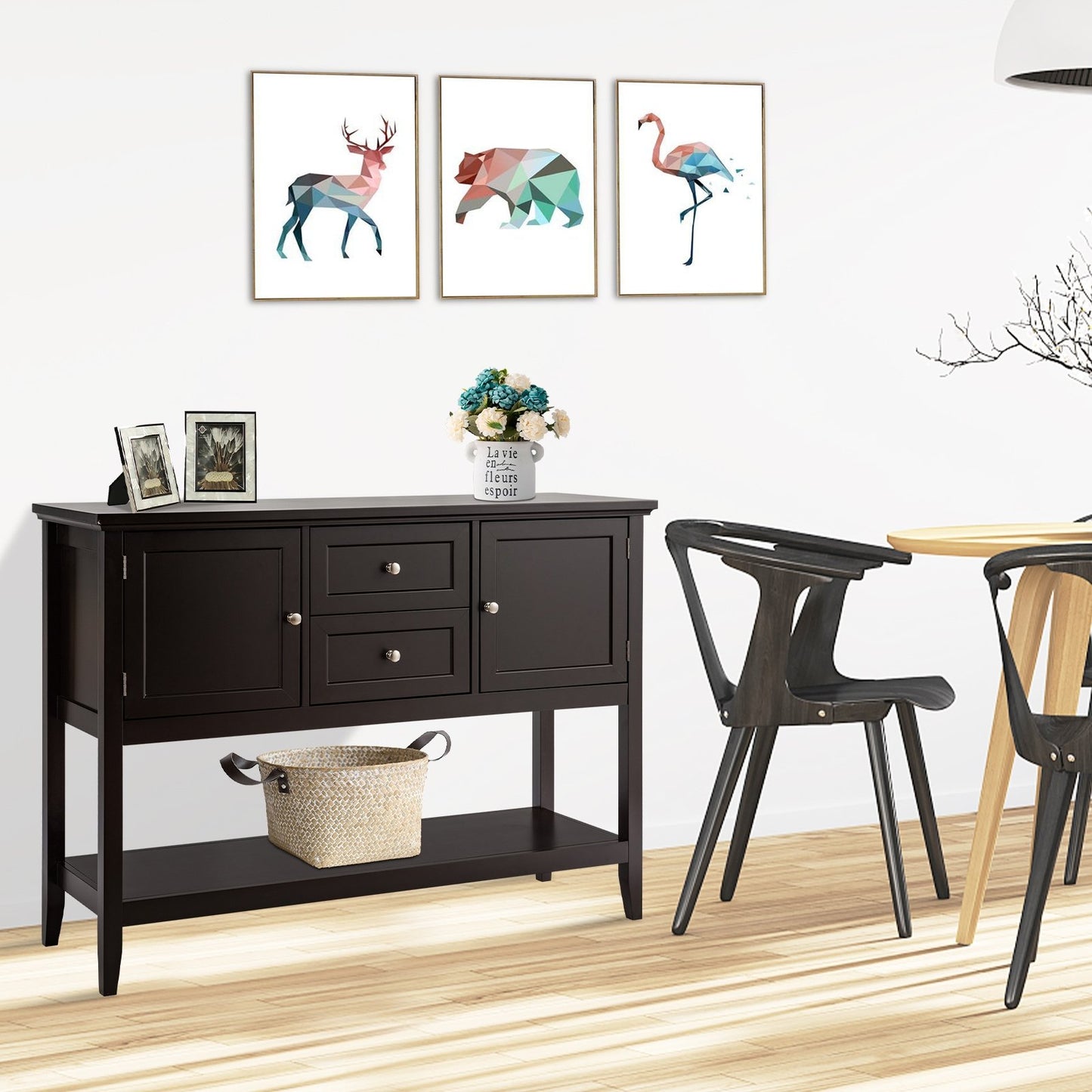 Wooden Sideboard Buffet Console Table  with Drawers and Storage-Beige