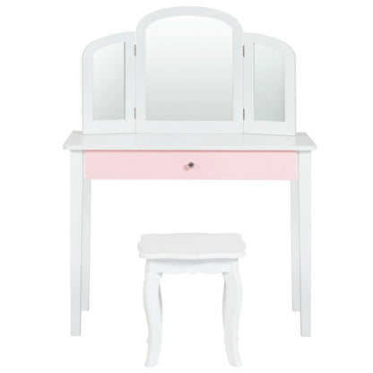 Kids Princess Make Up Dressing Table with Tri-folding Mirror and Chair-White