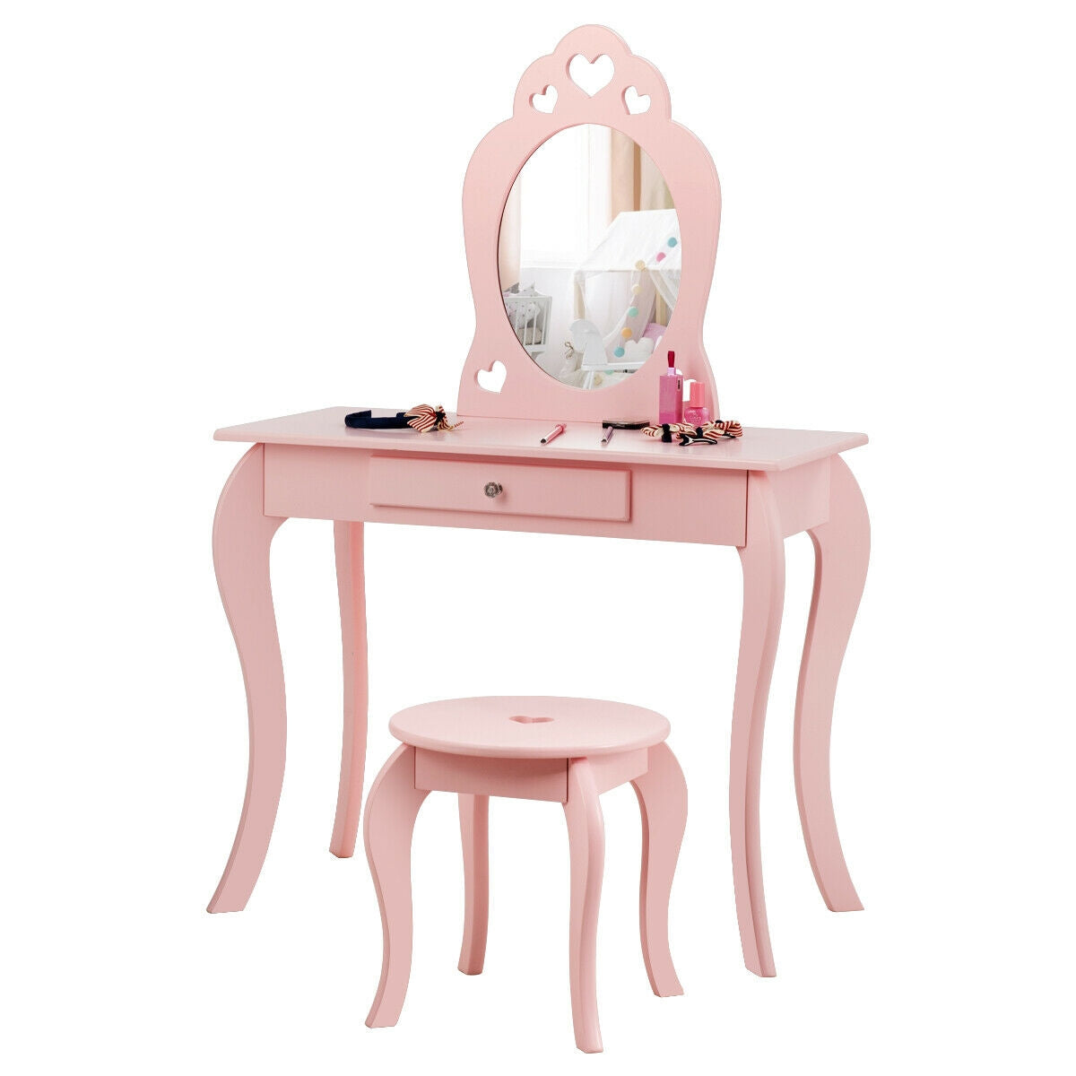 Kids Princess Makeup Dressing Play Table Set with Mirror -Pink