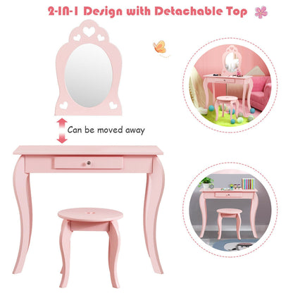 Kids Princess Makeup Dressing Play Table Set with Mirror -Pink