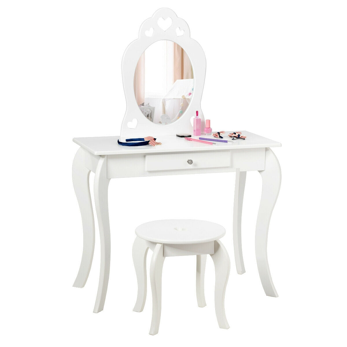 Kids Princess Makeup Dressing Play Table Set with Mirror -White
