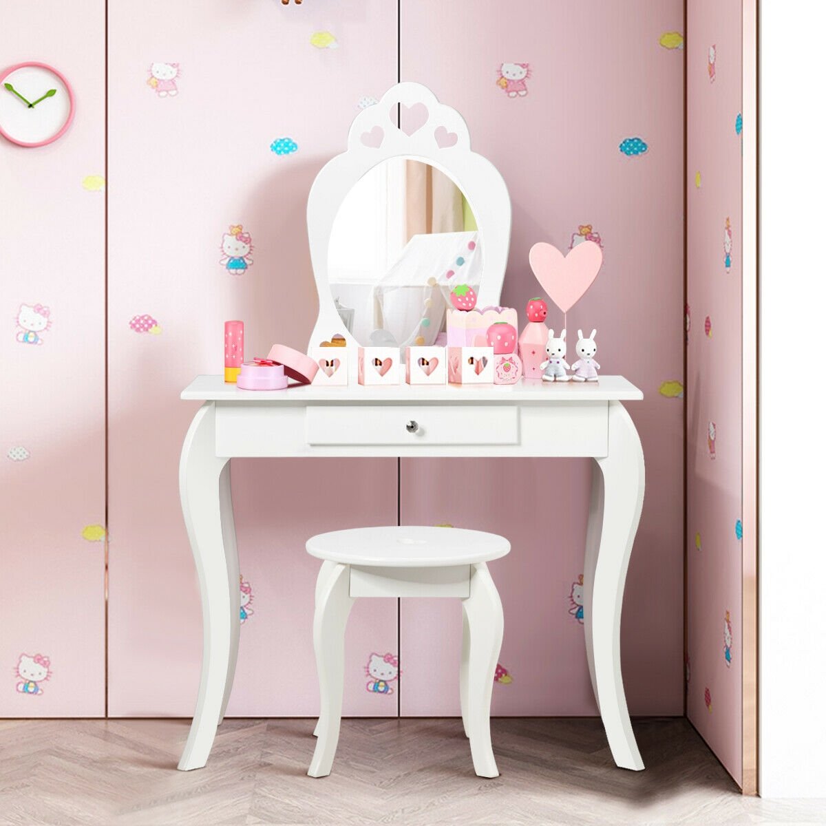 Kids Princess Makeup Dressing Play Table Set with Mirror -White