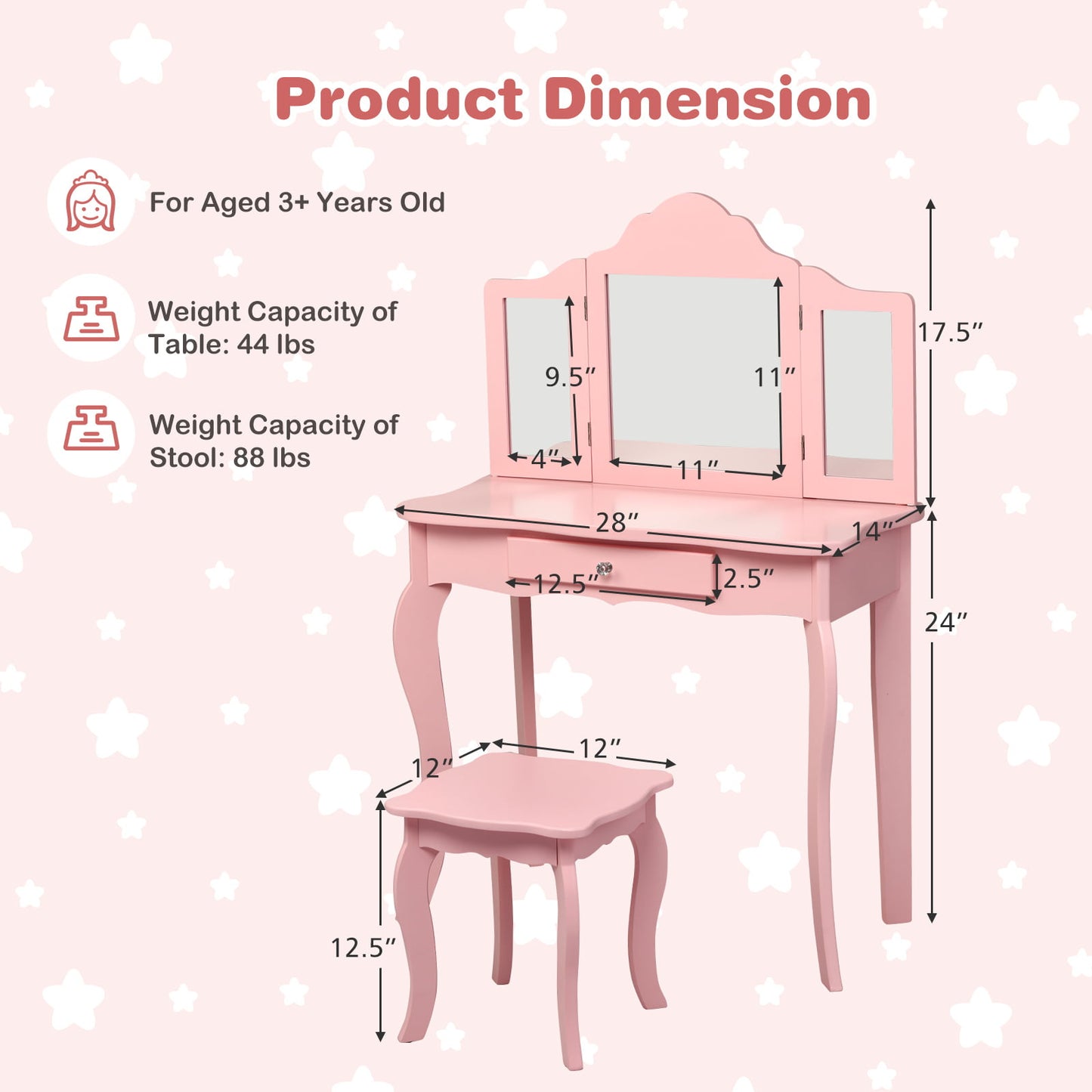 Kids Makeup Dressing Mirror Vanity Table Stool Set-Pink