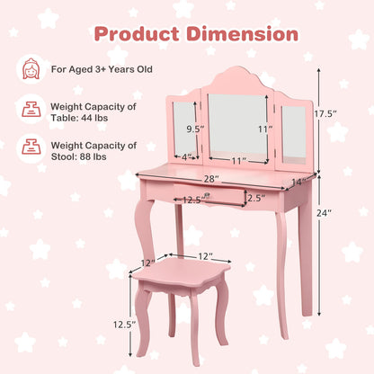 Kids Makeup Dressing Mirror Vanity Table Stool Set-Pink