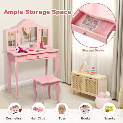 Kids Makeup Dressing Mirror Vanity Table Stool Set-Pink