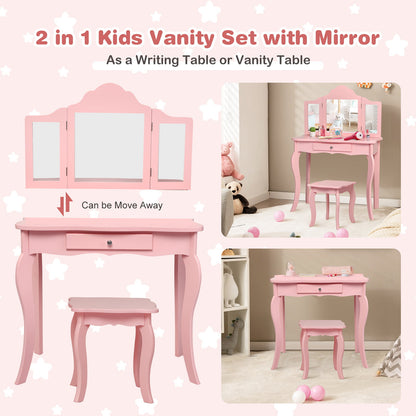 Kids Makeup Dressing Mirror Vanity Table Stool Set-Pink