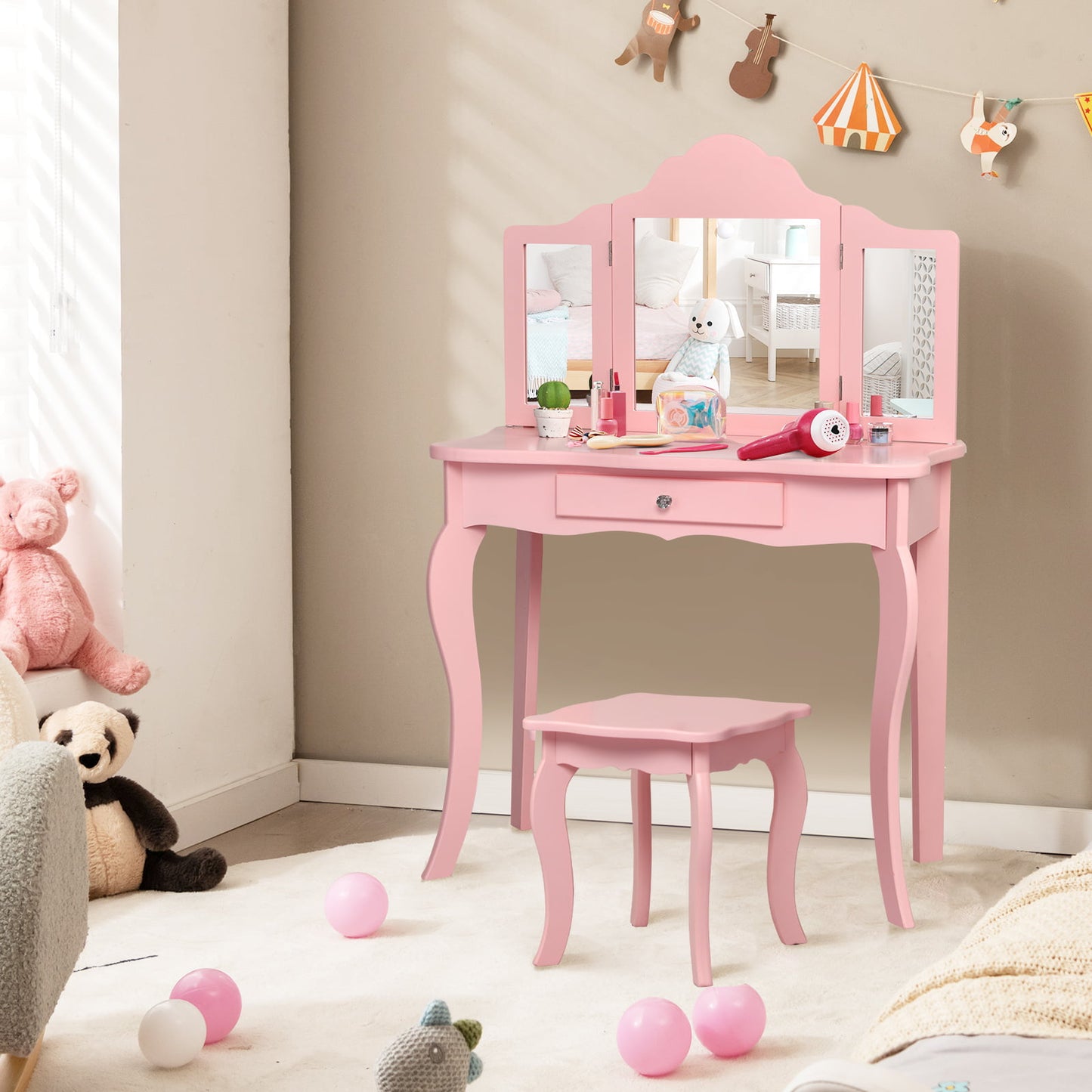 Kids Makeup Dressing Mirror Vanity Table Stool Set-Pink