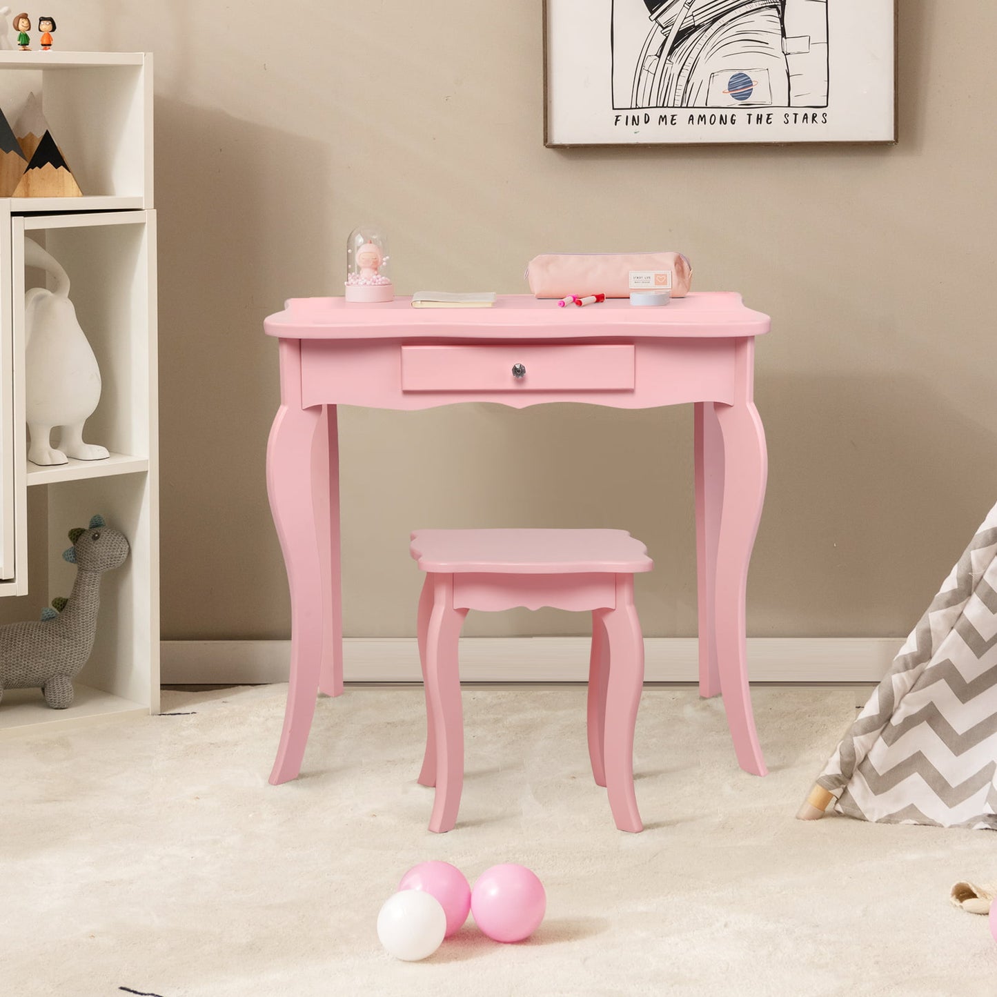 Kids Makeup Dressing Mirror Vanity Table Stool Set-Pink