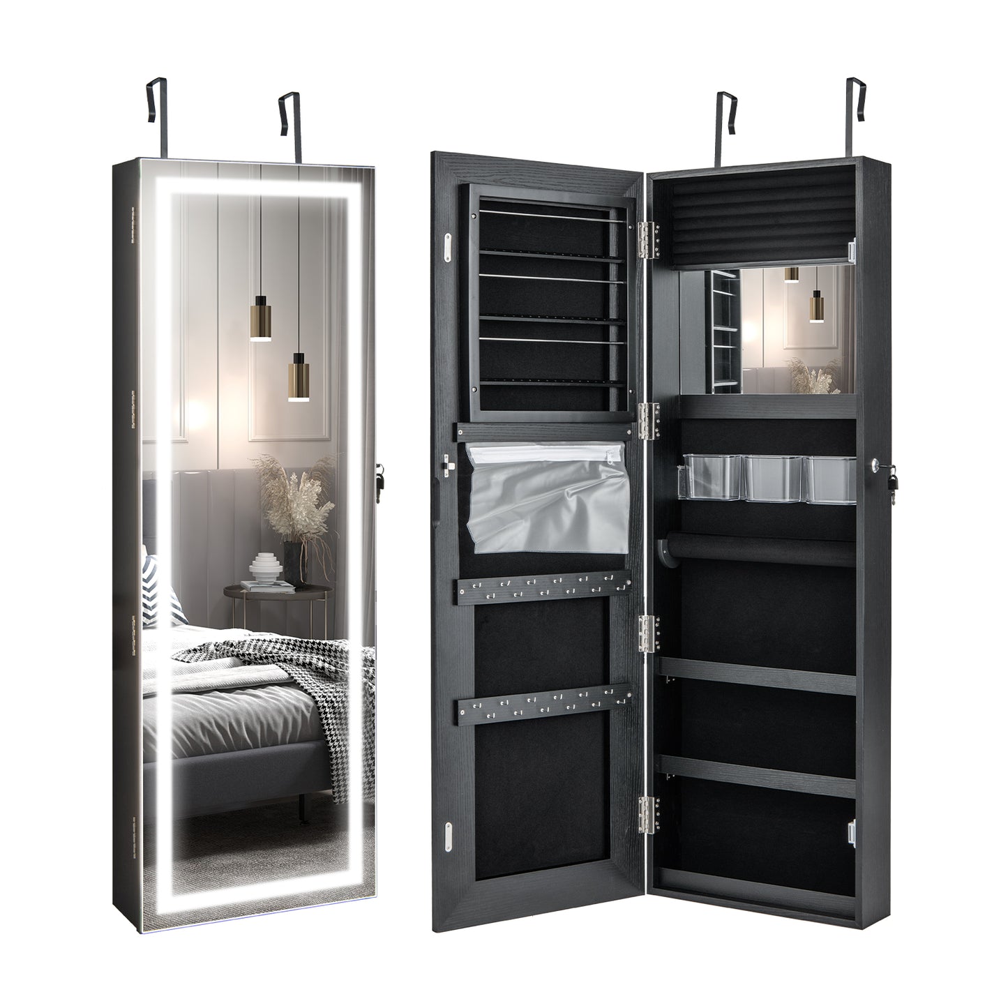 Door Wall Mount Touch Screen Mirrored Jewelry Cabinet-Black