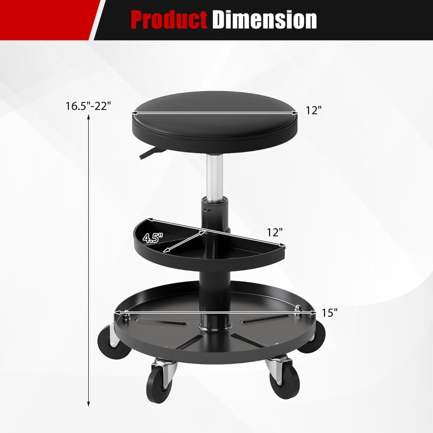 16.5"-22" Adjustable Height Seat Rolling Mechanic Stool with Wheels-Black