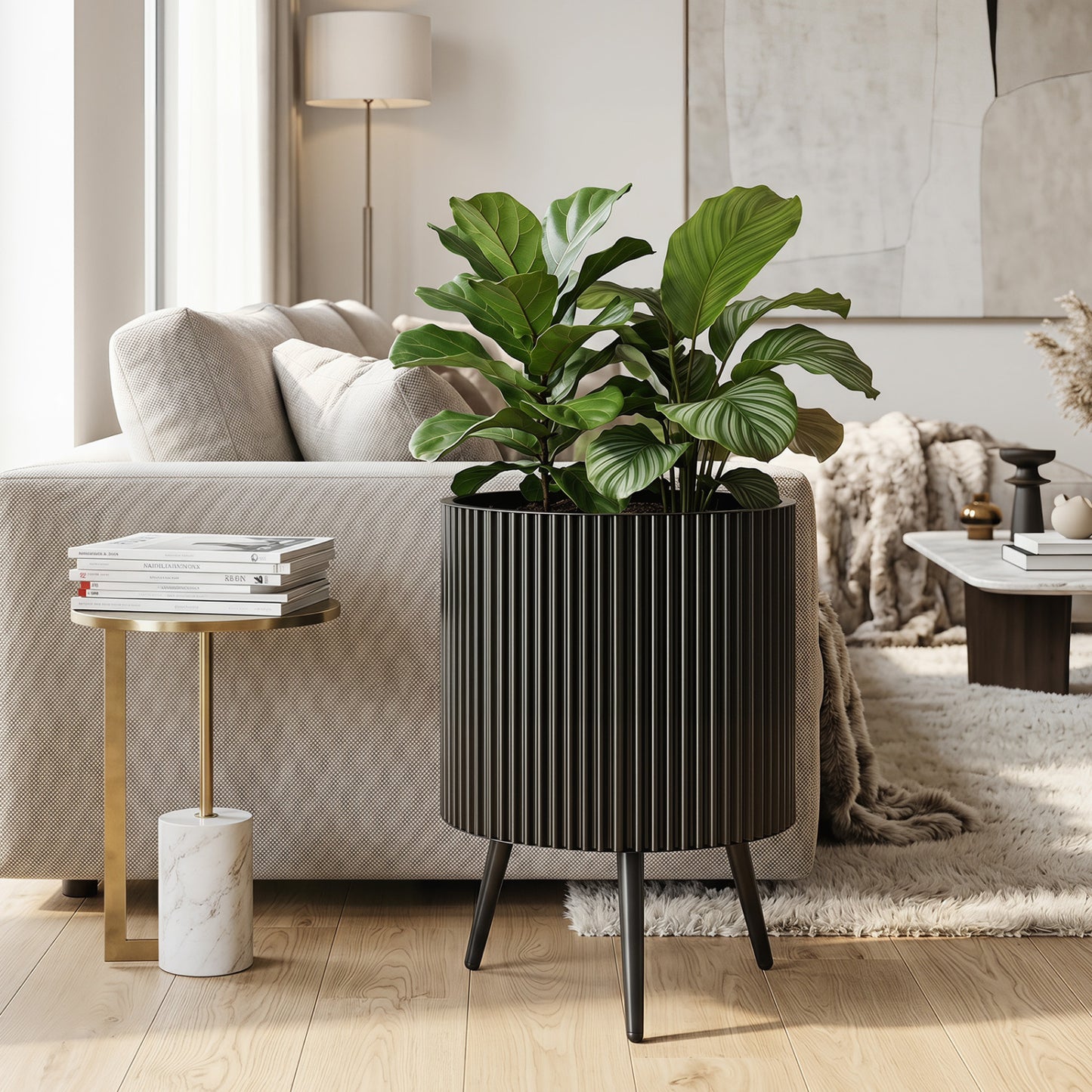 16.5-inch outdoor plant pot with stand and tapered legs for garden, ideal for raised garden beds.