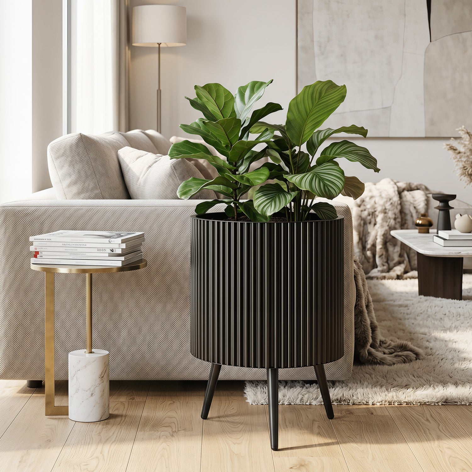 16.5-inch outdoor plant pot with stand and tapered legs for garden, ideal for raised garden beds.