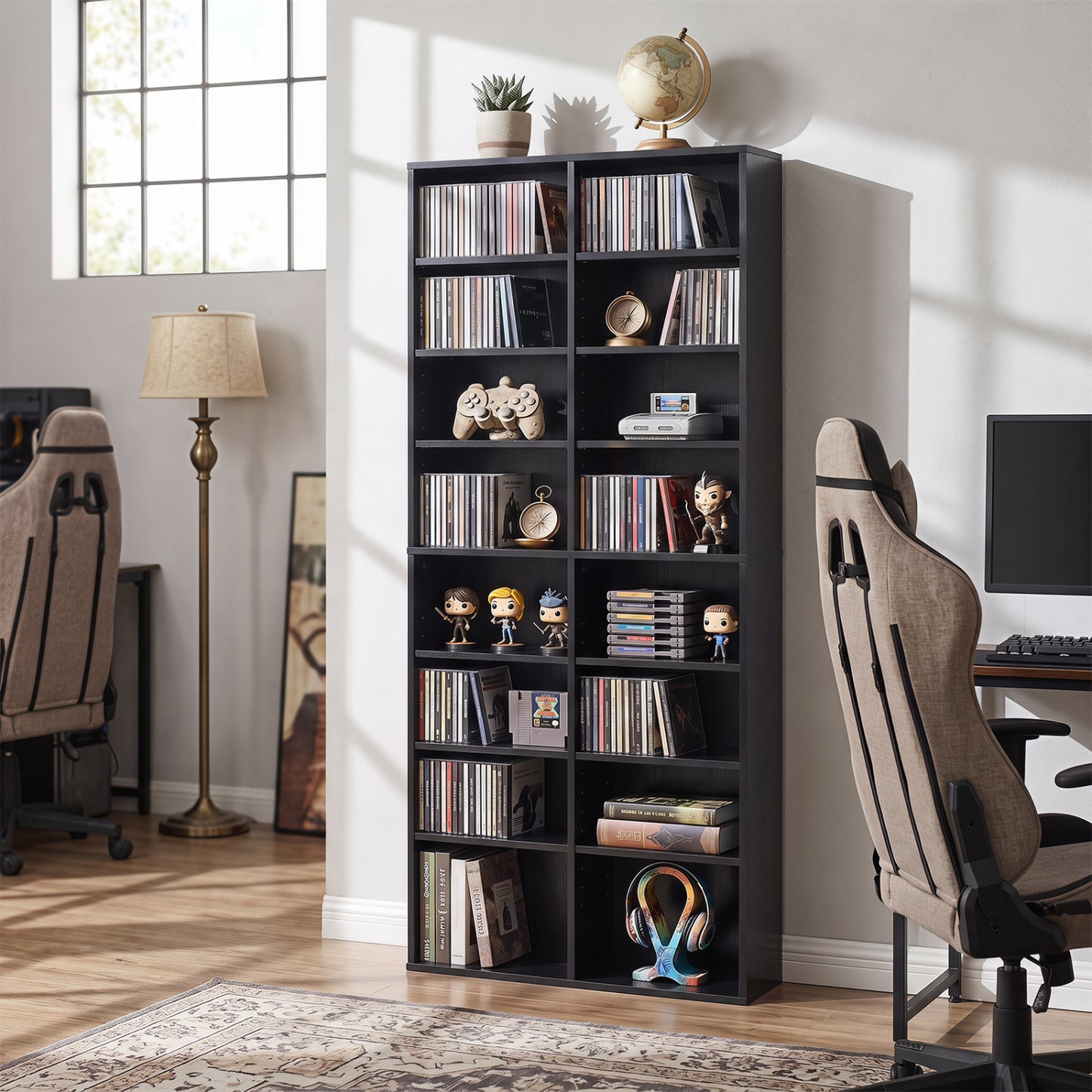 16 Compartment CD Storage Unit 54" Freestanding Open Display Shelf with 12 Removable Shelves-Black