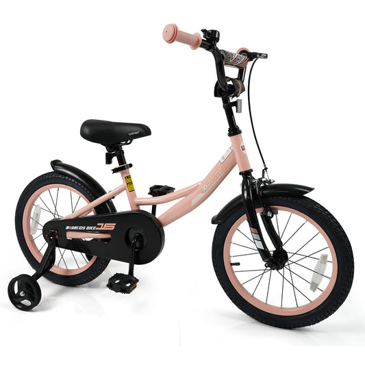 Pink 16-inch kids bike with adjustable seat and removable training wheels, suitable for children aged 3 to 8 years old.