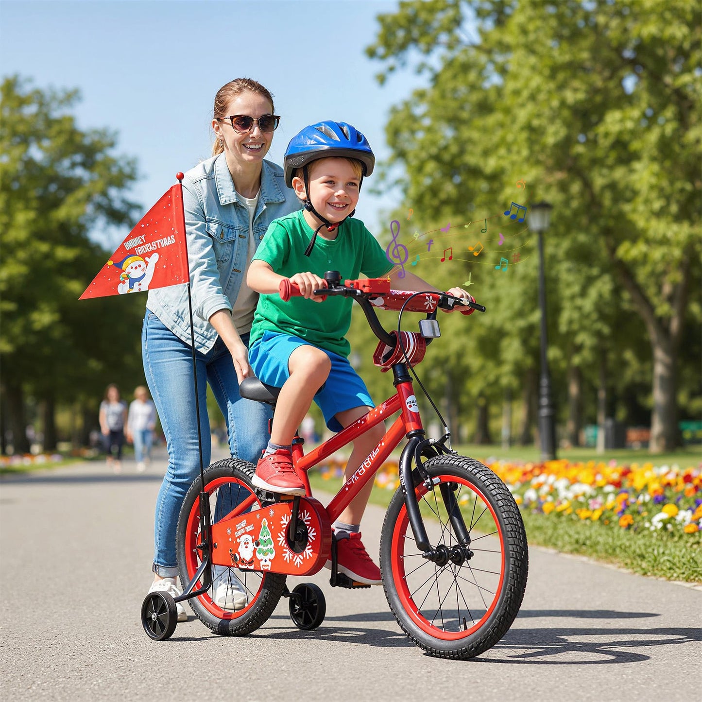 14 Inch Kids Bike Adjustable with Christmas Music & Flag for Aged 4-5 Years Old