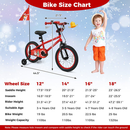 14 Inch Kids Bike Adjustable with Christmas Music & Flag for Aged 4-5 Years Old