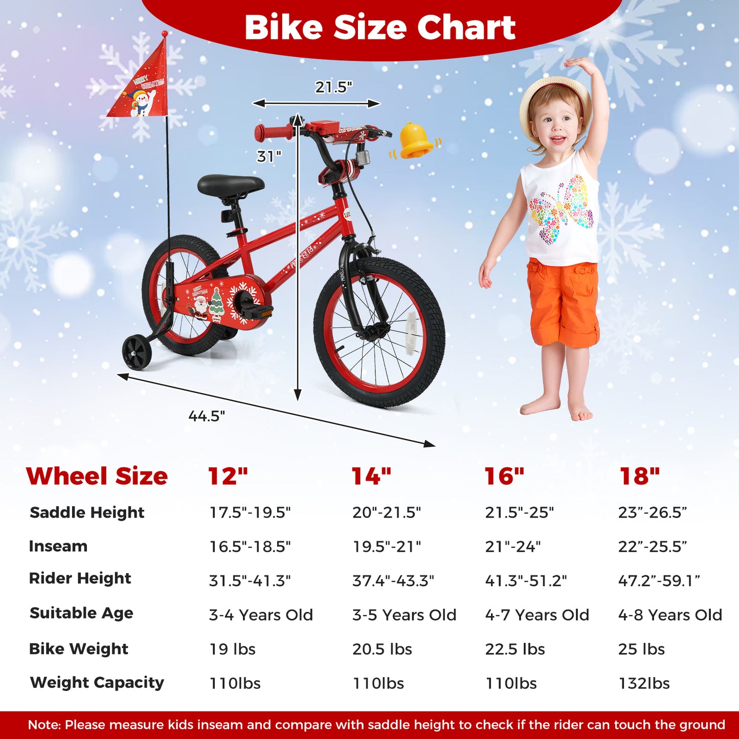 16 Inch Kids Bike Adjustable with Christmas Music & Flag for Aged 4-7 Years Old