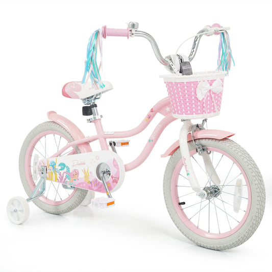 16 Inch Kids Bike Adjustable with Basket and Streamers for Girls Aged 4-7 Years Old Pink