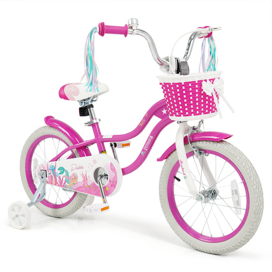 16-inch kids bike in rose red with basket and streamers, princess of the sea theme, perfect for young children to ride and play.