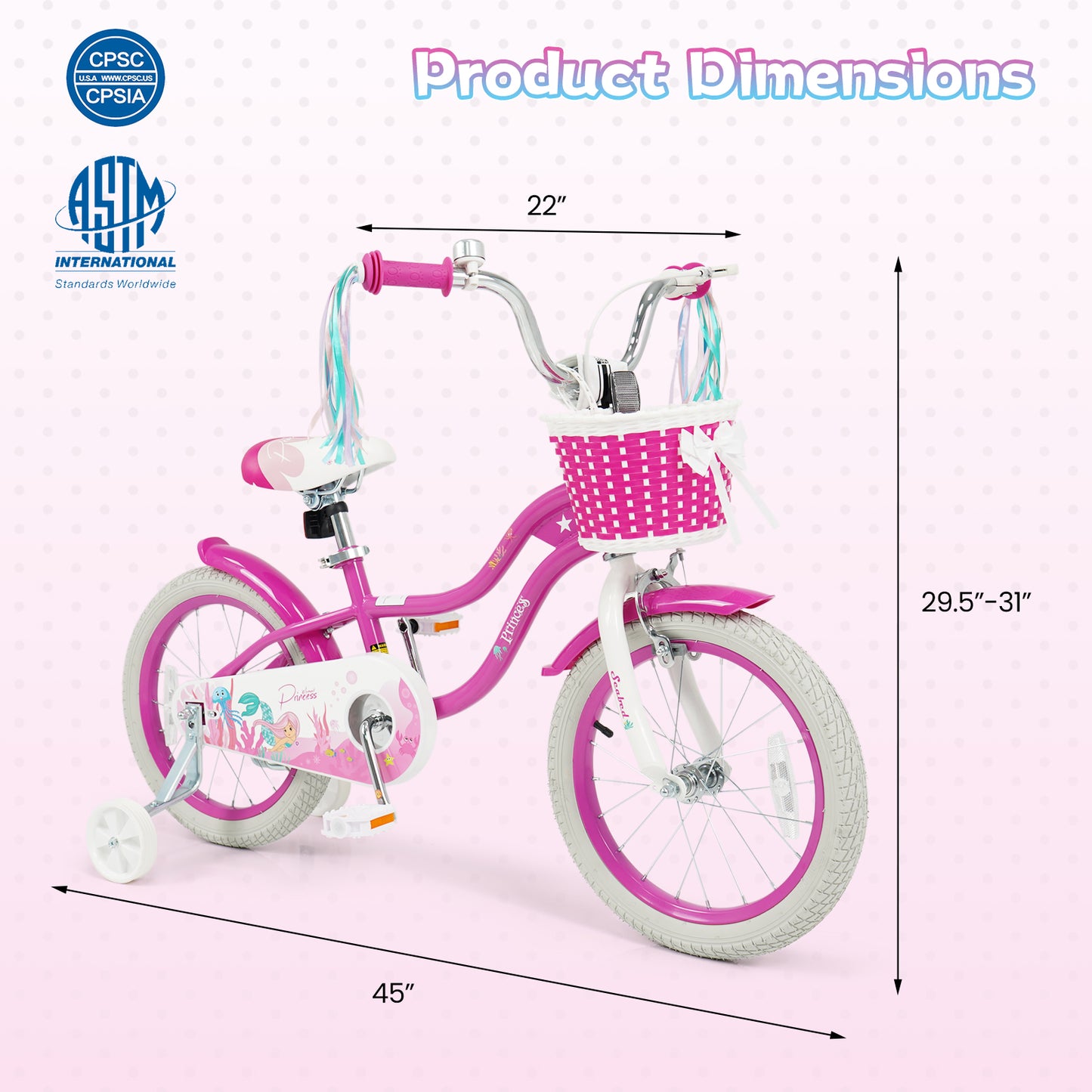 16-Inch Kids Bike Adjustable with Basket and Streamers Rose Red - Princess of the Sea Theme