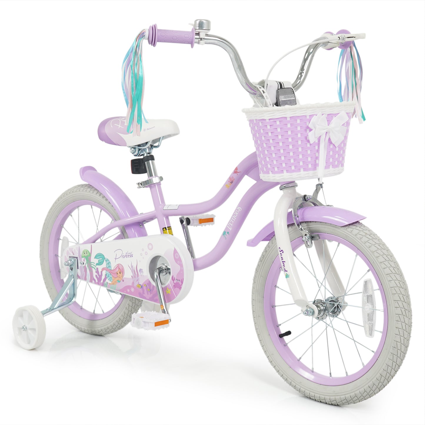 16 Inch Kids Bike Adjustable with Basket and Streamers Purple - Princess of the Sea Theme
