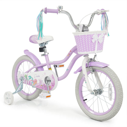 16 Inch Kids Bike Adjustable with Basket and Streamers Purple - Princess of the Sea Theme
