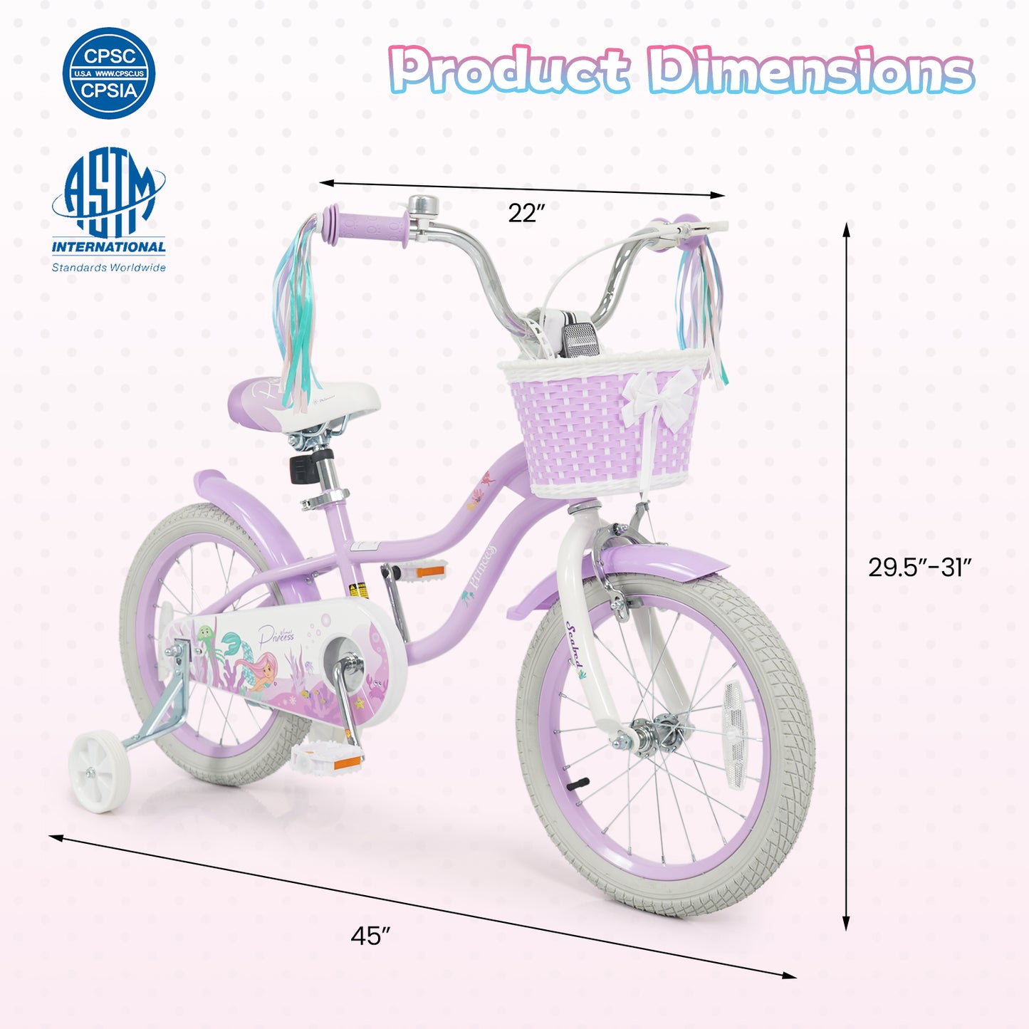 16 Inch Kids Bike Adjustable with Basket and Streamers Purple - Princess of the Sea Theme
