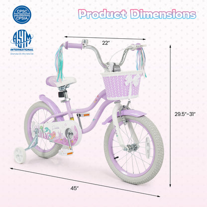 16 Inch Kids Bike Adjustable with Basket and Streamers Purple - Princess of the Sea Theme