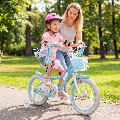 16 Inch Kids Bike Adjustable with Basket and Streamers Blue for Kids Aged 4-7 Years Old - Princess of the Sea Theme