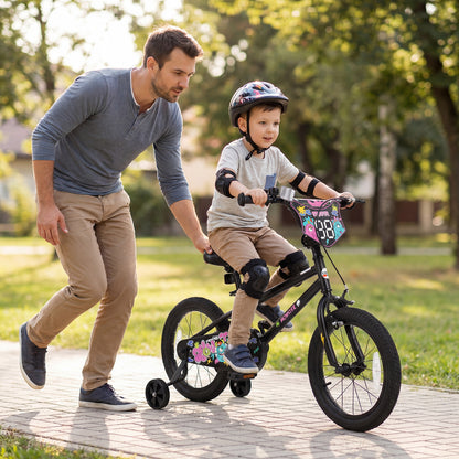 16 Inch Kids Bike with Training Wheels for Ages 4-7 Years Old Black- Street Art Time