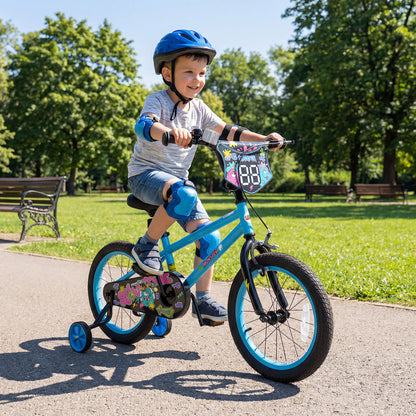 16 Inch Kids Bike with Training Wheels for Ages 4-7 Years Old Blue- Street Art Time