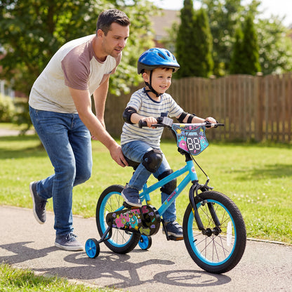 16 Inch Kids Bike with Training Wheels for Ages 4-7 Years Old Blue- Street Art Time