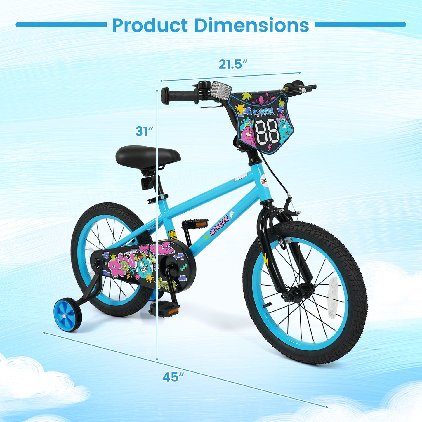 16 Inch Kids Bike with Training Wheels for Ages 4-7 Years Old Blue- Street Art Time