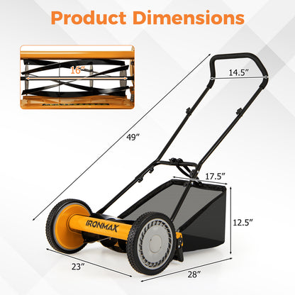 Orange 16-inch push lawn mower with 5 steel blades and grass catcher bag, ideal for garden and lawn care tasks.