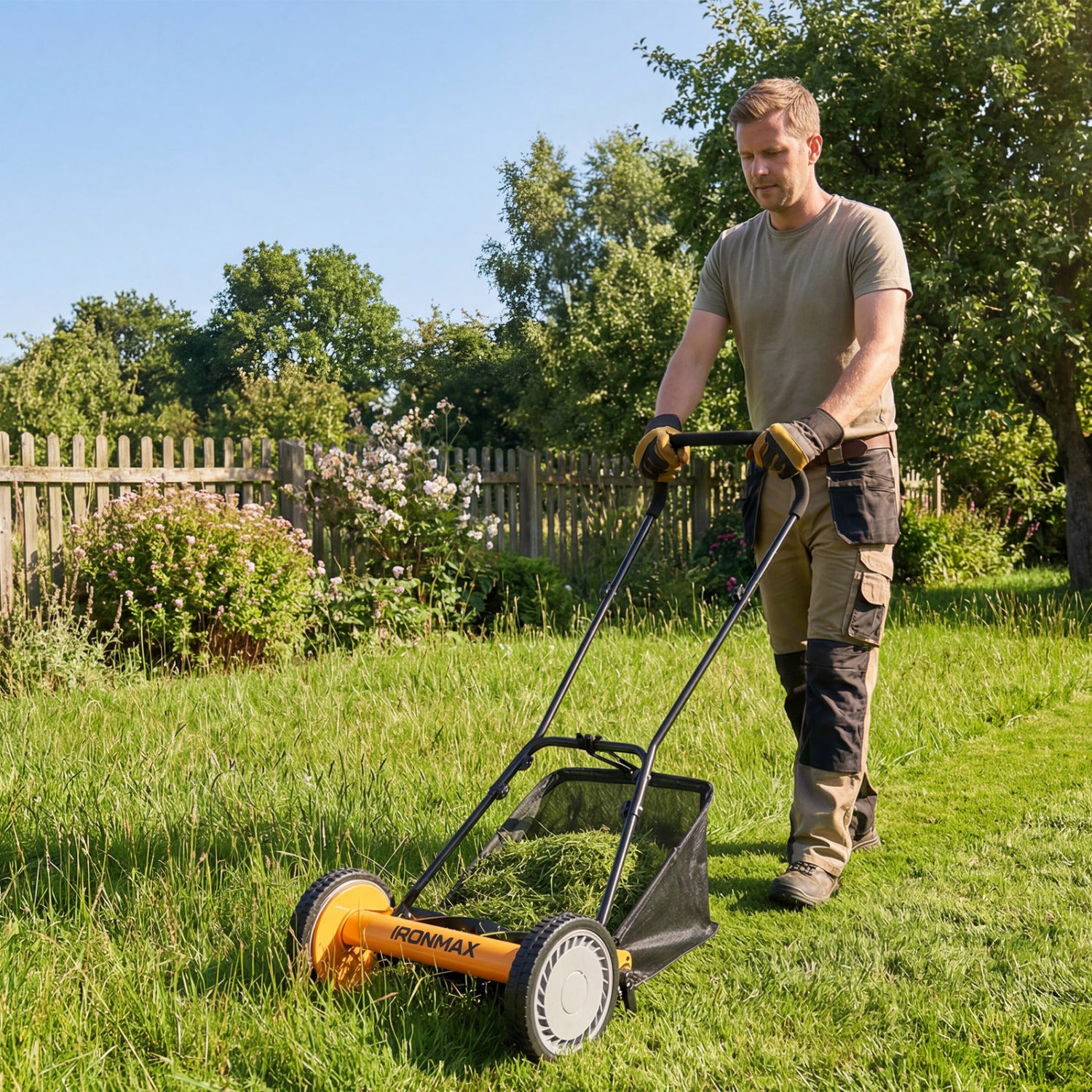 16-inch orange push lawn mower with five steel blades and grass catcher bag, ideal for efficient outdoor garden lawn care.